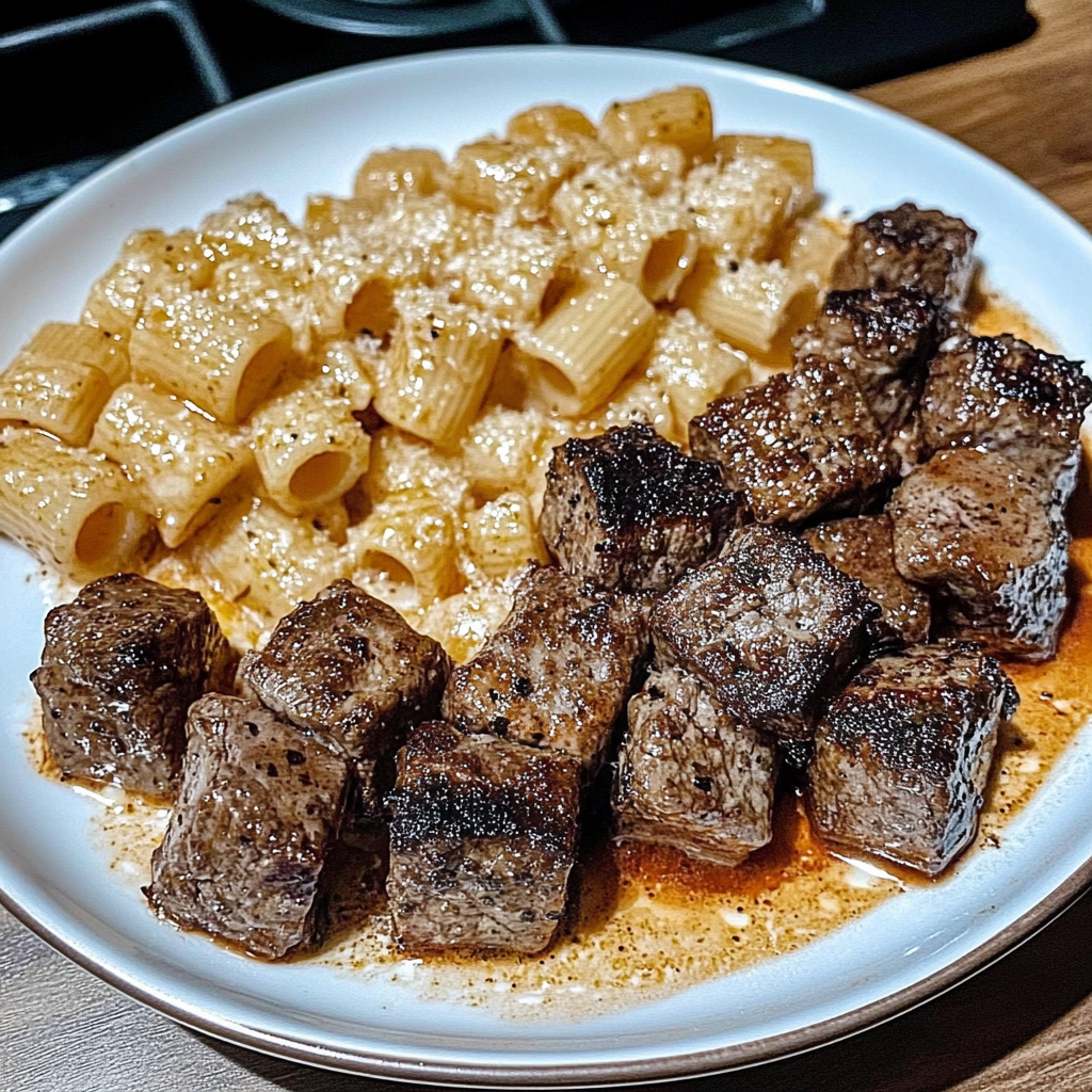 Recipe preparation for Cajun Steak Cheesy Rigatoni Parmesan