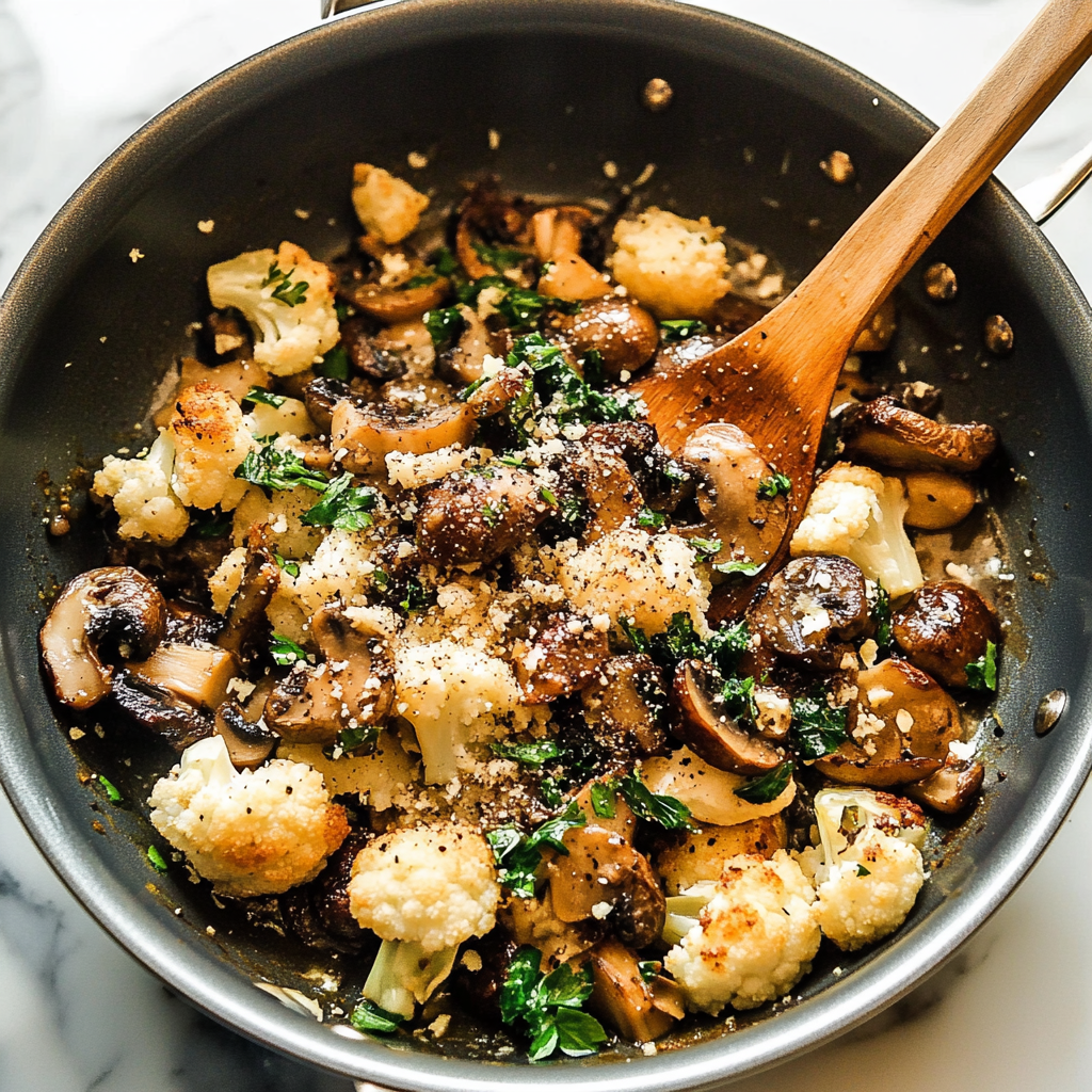 Recipe preparation for Garlic Mushrooms Cauliflower Skillet