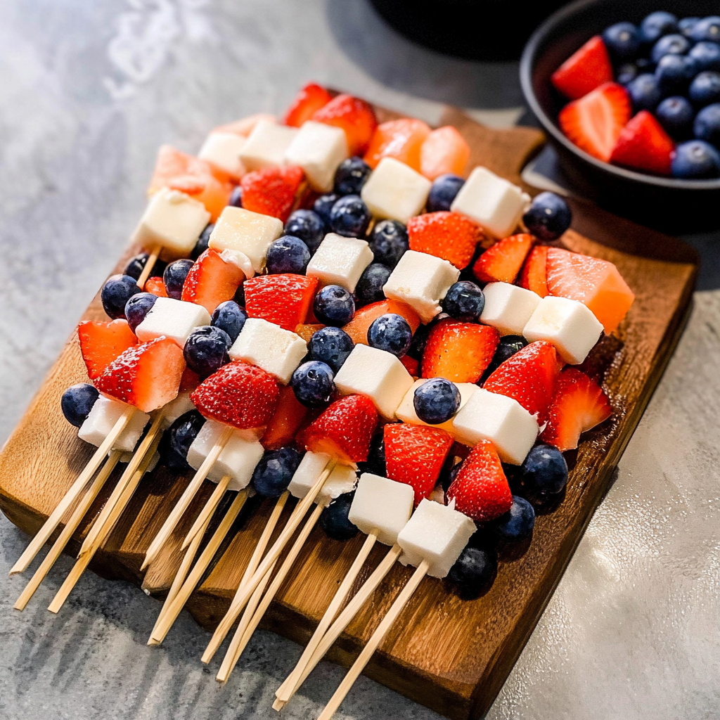 Recipe preparation for Red, White and Blue Fruit Kabobs