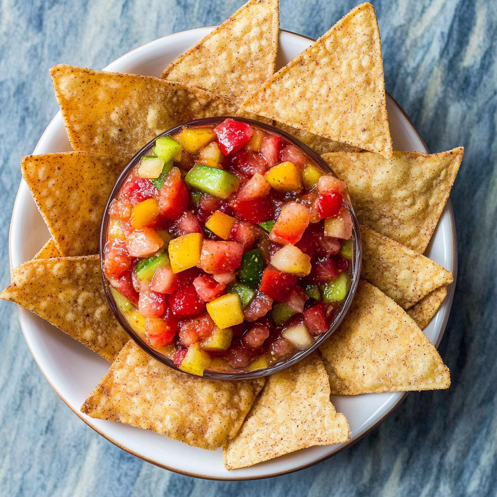 Recipe preparation for Fruit Salsa with Cinnamon Sugar Tortilla Chips