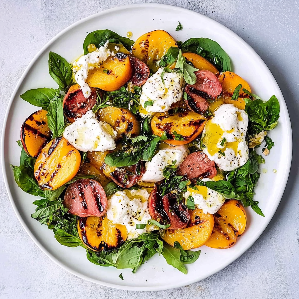 Recipe preparation for Grilled Peach Burrata Salad