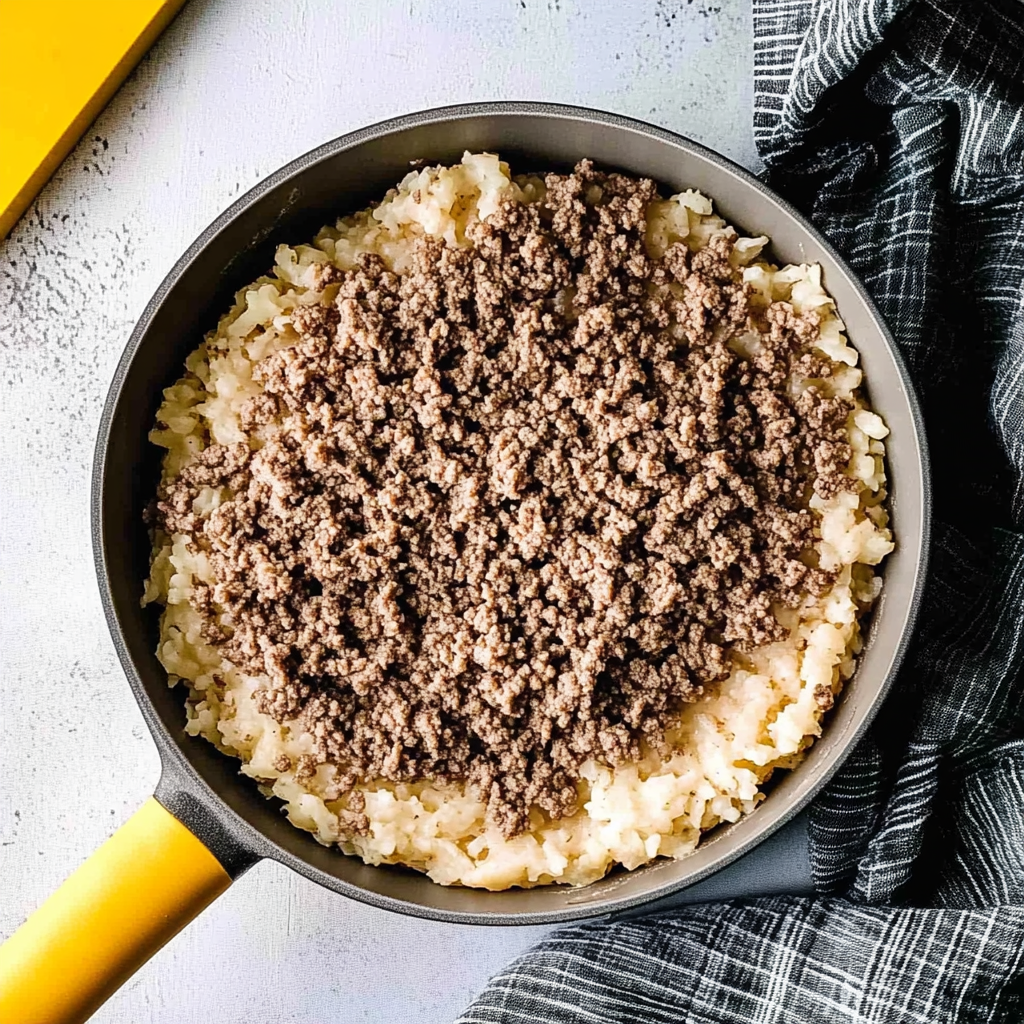Recipe preparation for Cheesy Hamburger Rice Casserole