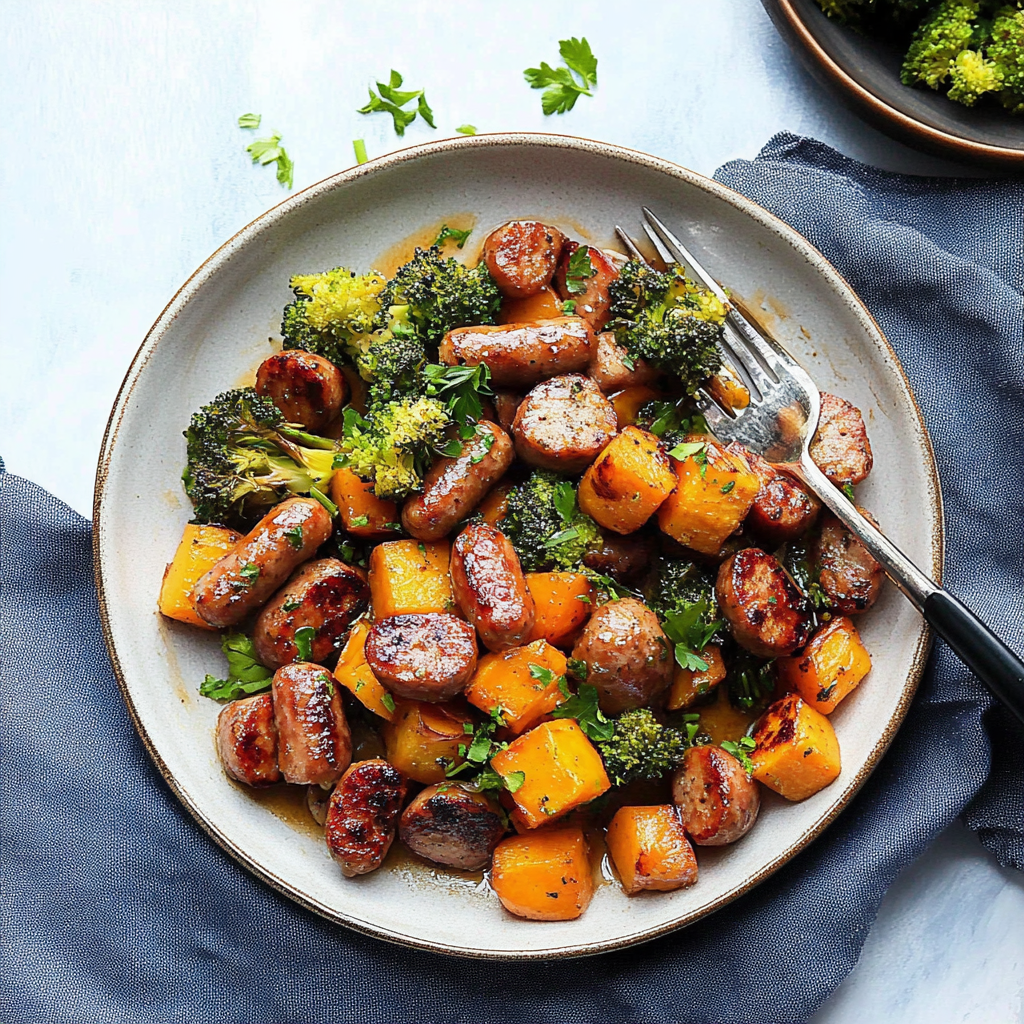 Recipe preparation for Sheet Pan Sausage and Sweet Potatoes with Honey Garlic Sauce
