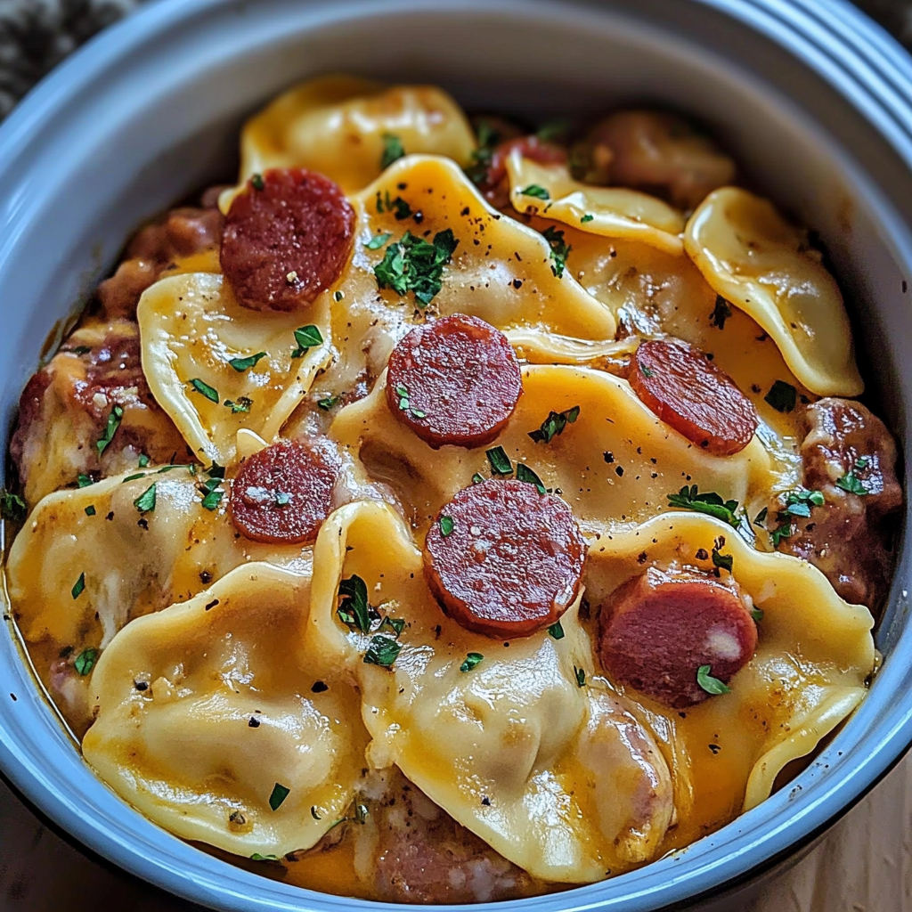Recipe preparation for Cozy Crockpot Pierogi Casserole With Kielbasa Recipe