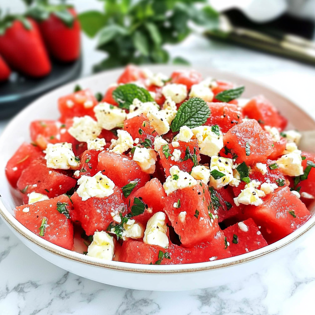 Recipe preparation for Watermelon Feta Mint Salad