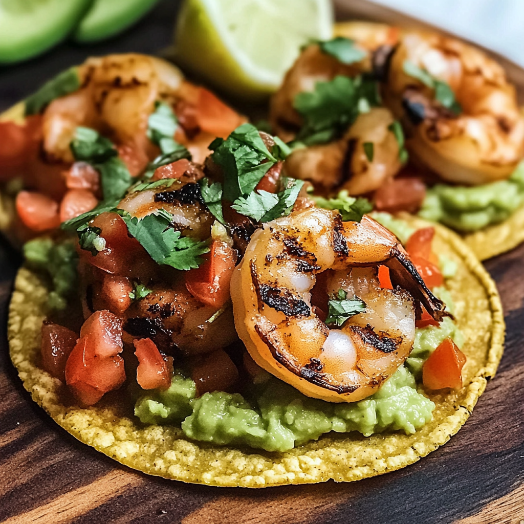Recipe preparation for Grilled Shrimp Tostadas with Guacamole & Pico de Gallo