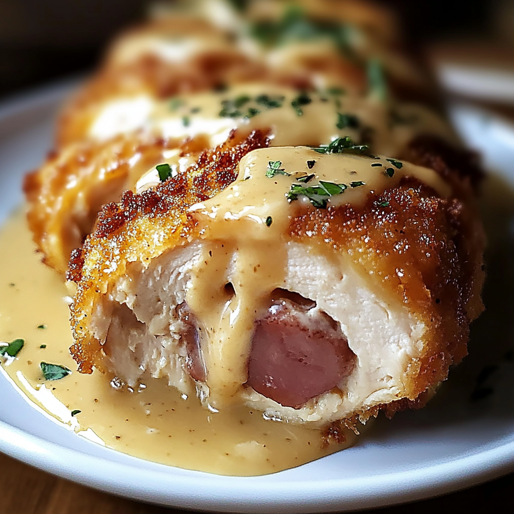 Recipe preparation for Crispy and Creamy Chicken Cordon Bleu with Dijon Sauce
