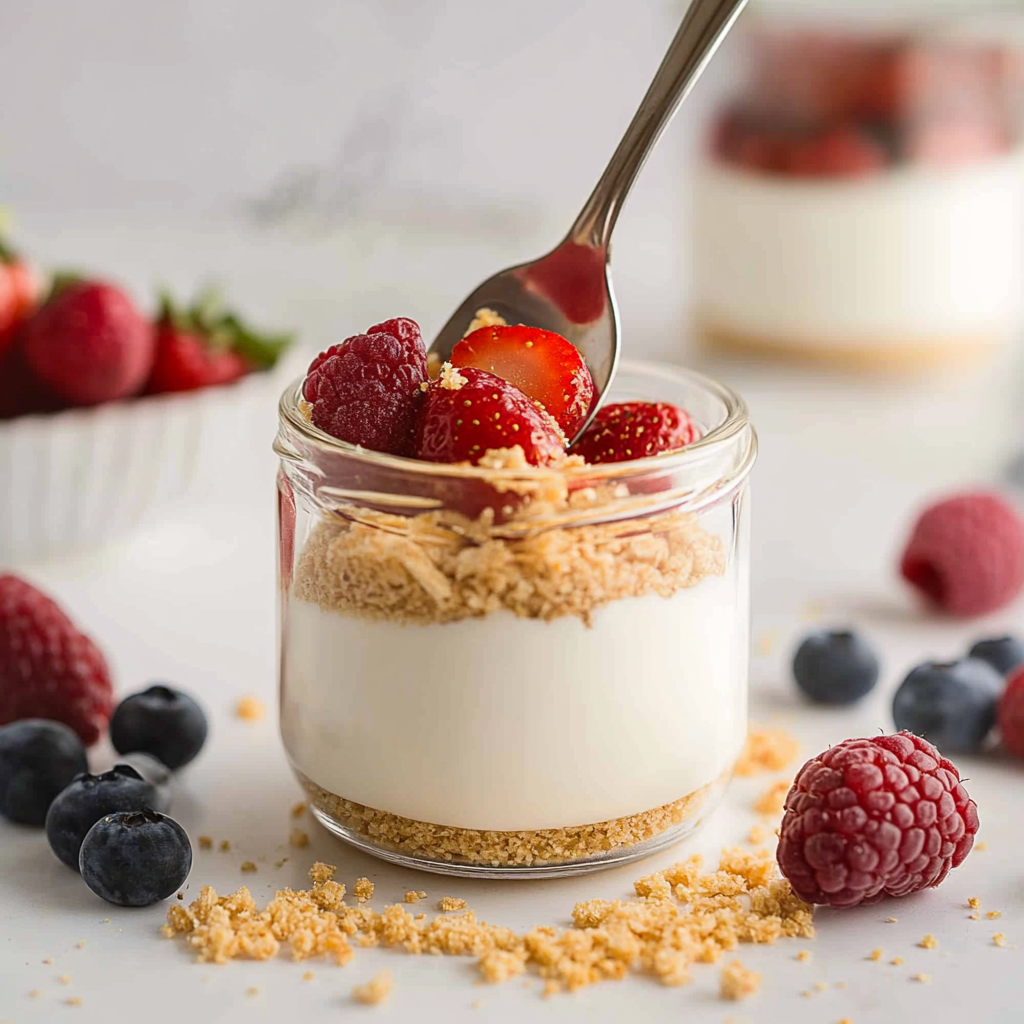 Recipe preparation for No-Bake Cheesecake Greek Yogurt Cups