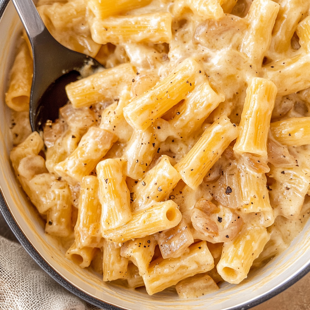 Recipe preparation for French Onion Pasta Recipe with Caramelized Onions and Gruyere