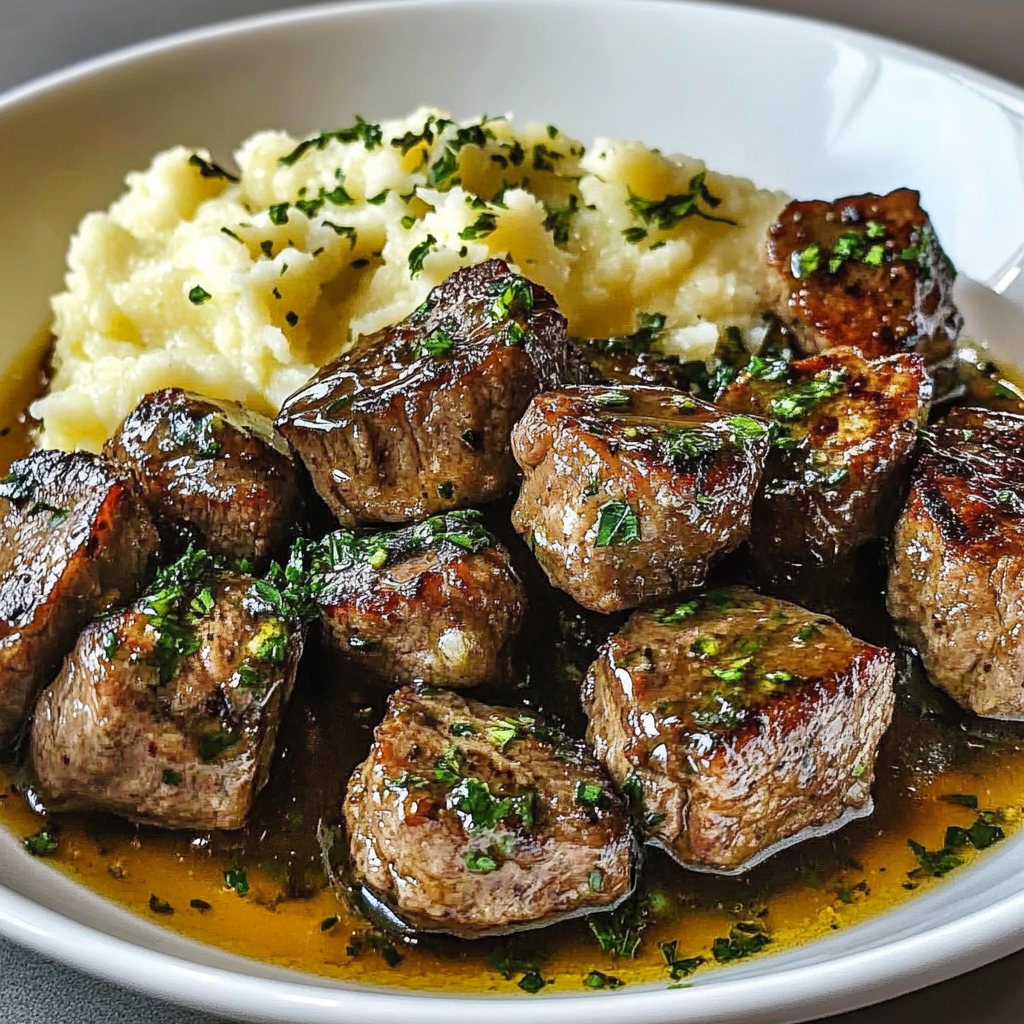 Recipe preparation for Garlic Butter Steak Bites Mash
