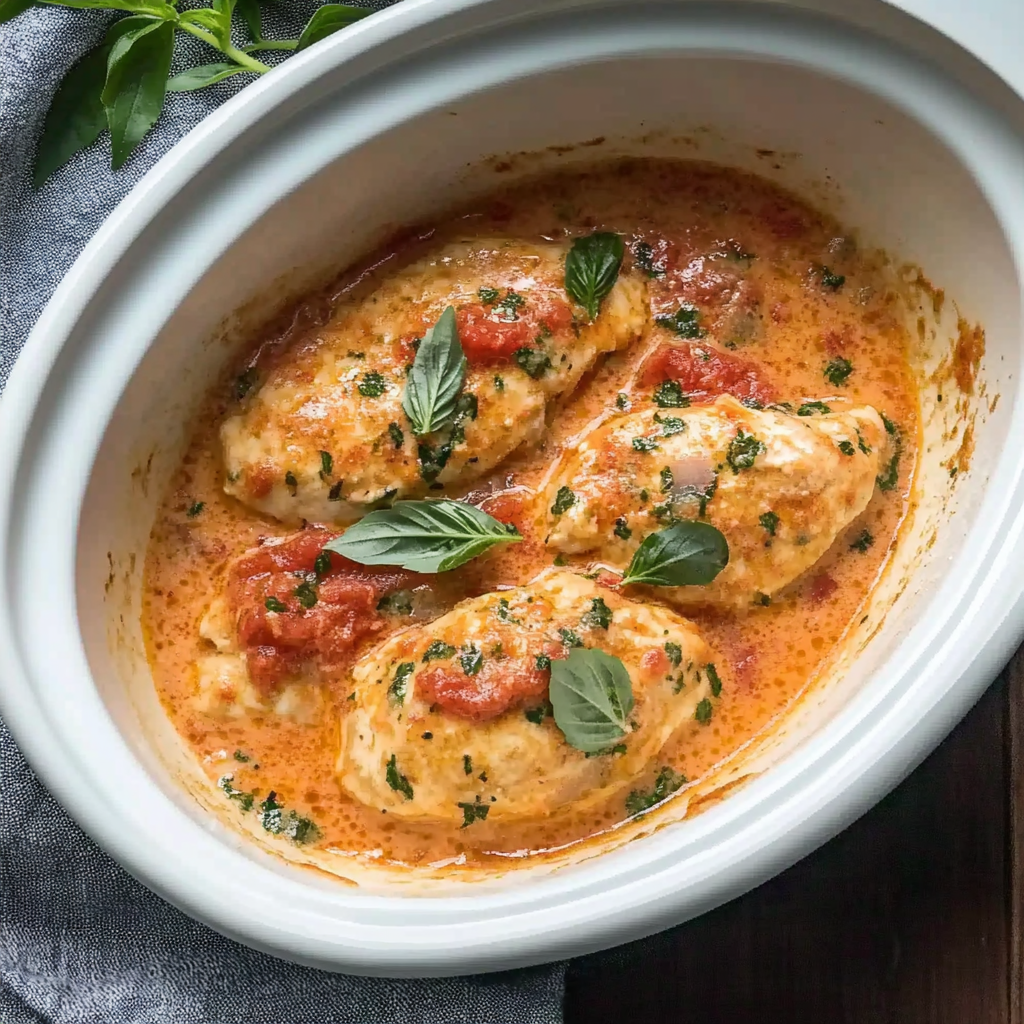 Recipe preparation for Slow Cooker Creamy Tomato Basil Chicken