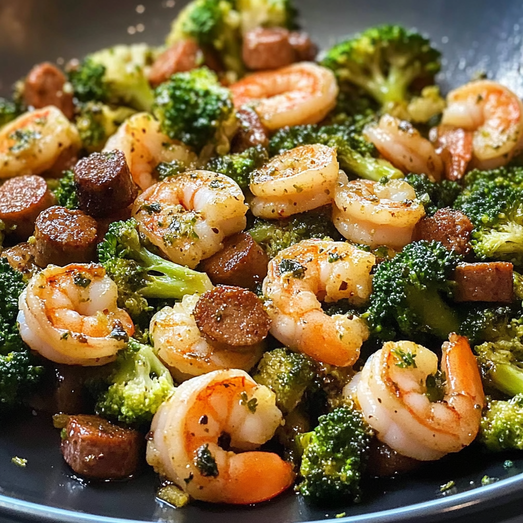 Recipe preparation for Honey Garlic Shrimp and Sausage with Broccoli