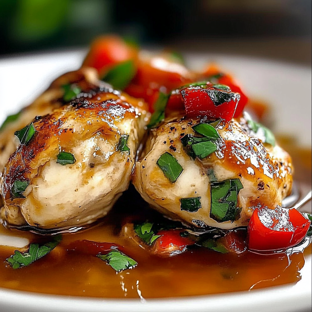 Recipe preparation for Roasted Red Pepper Mozzarella Chicken