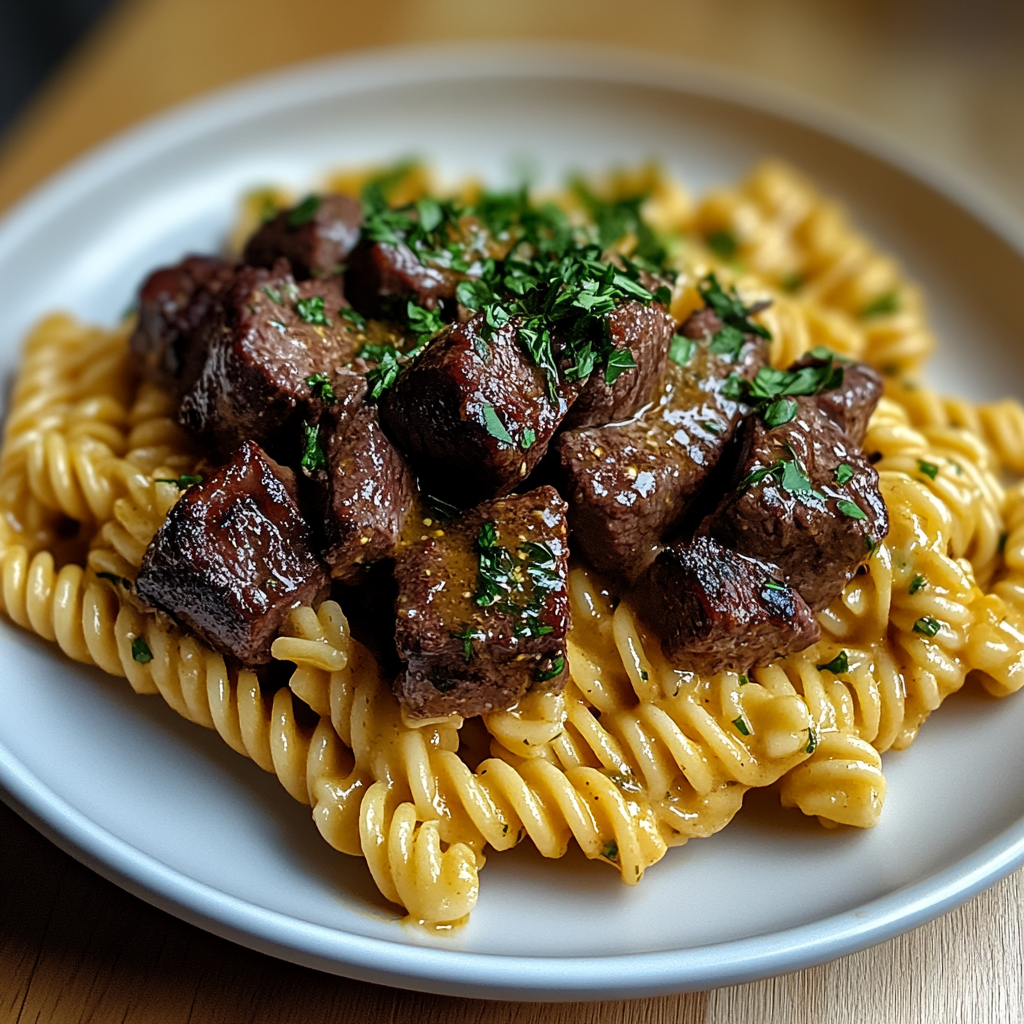 Recipe preparation for Garlic Butter Steak Cajun Pasta