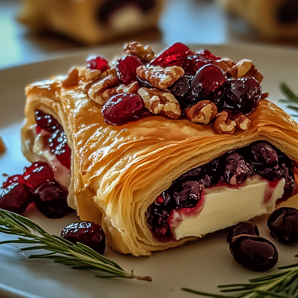 Recipe preparation for Cranberry Pecan Brie in Flaky Puff Pastry