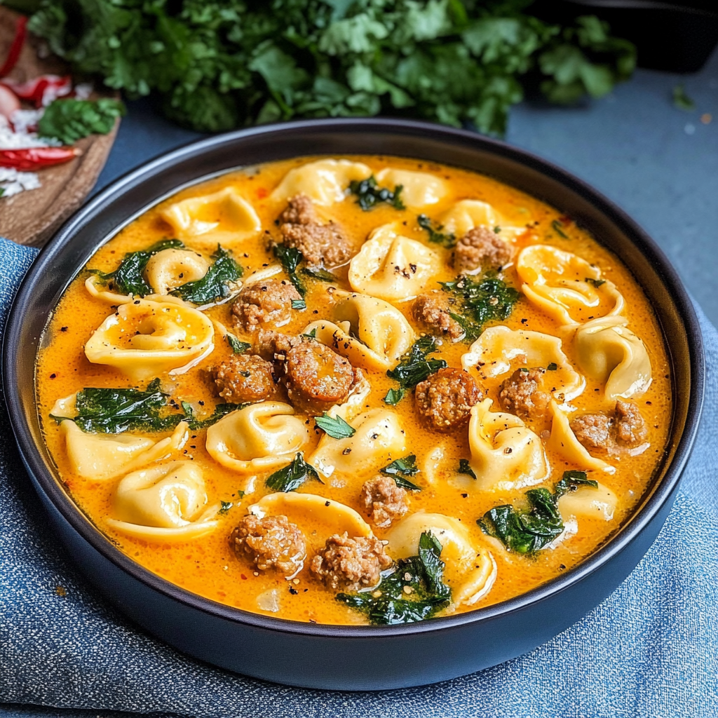 Recipe preparation for Creamy Sausage Tortellini Soup