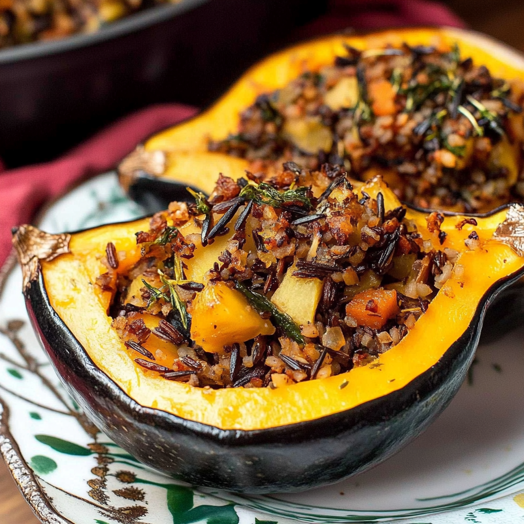 Recipe preparation for Stuffed Acorn Squash with Wild Rice