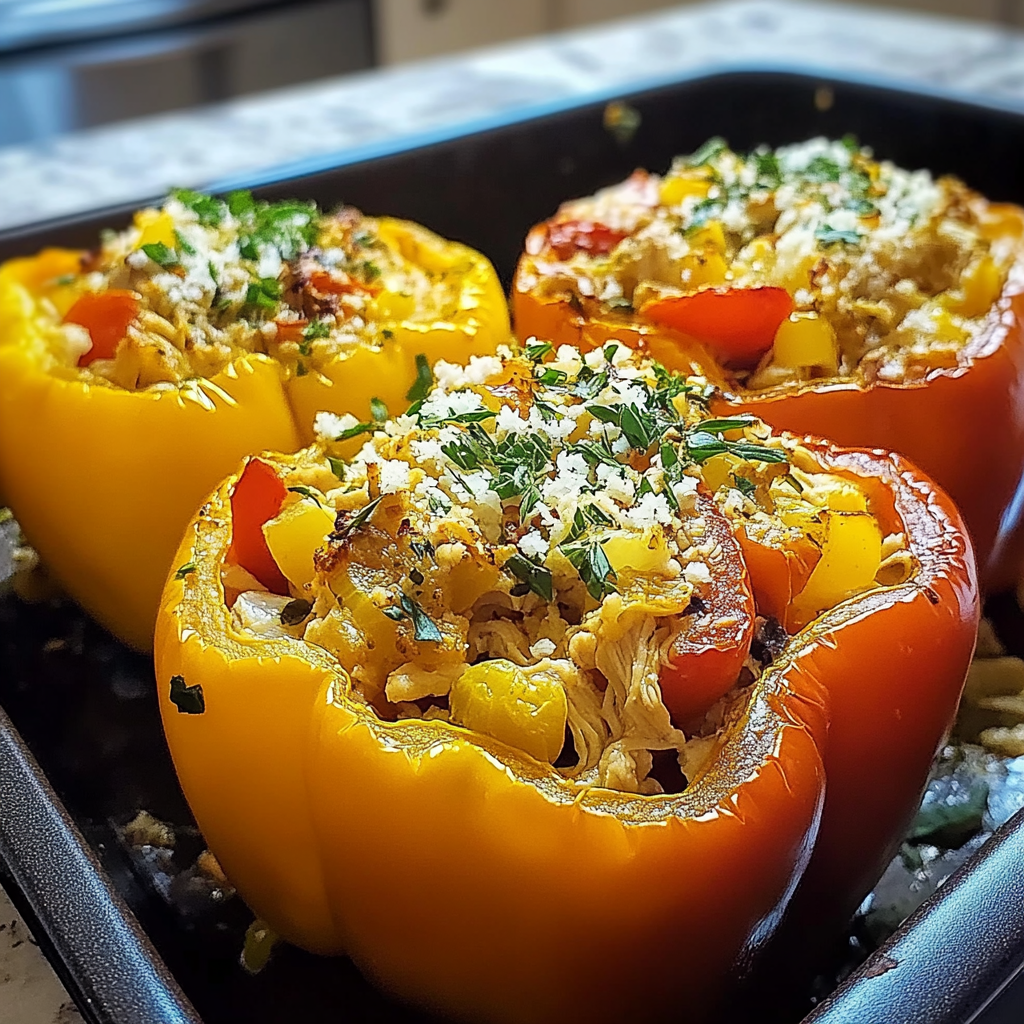 Recipe preparation for Greek Chicken Stuffed Peppers