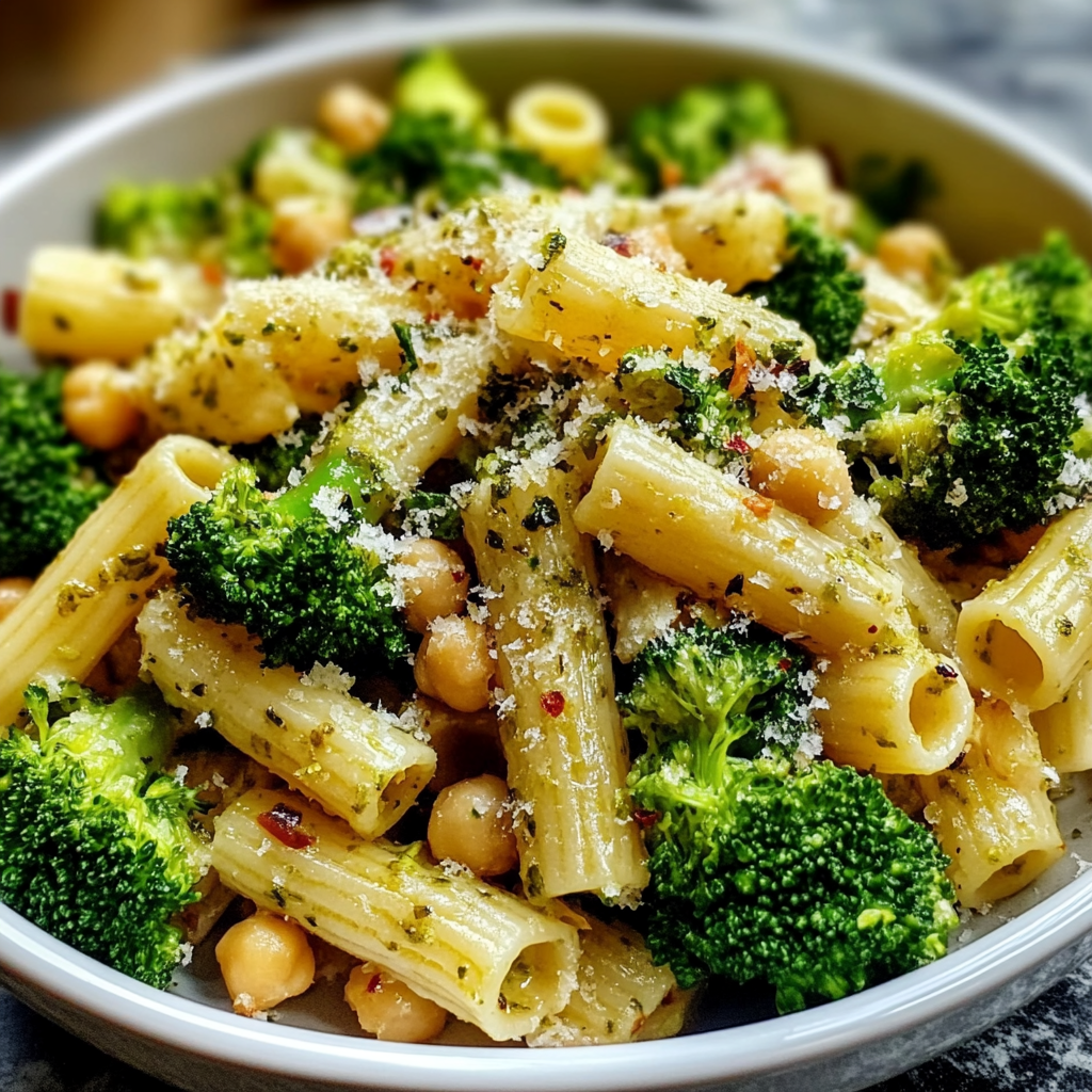 Recipe preparation for Broccoli Chickpea Pasta with Garlic Olive Oil