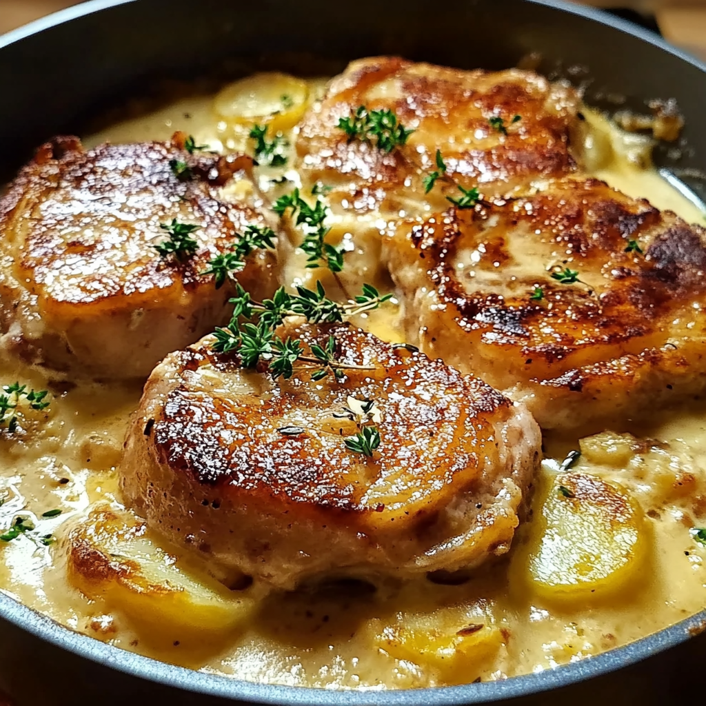 Recipe preparation for Smothered Pork Chop and Scalloped Potato Casserole