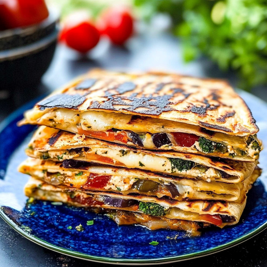 Recipe preparation for Grilled Mediterranean Veggie Quesadillas