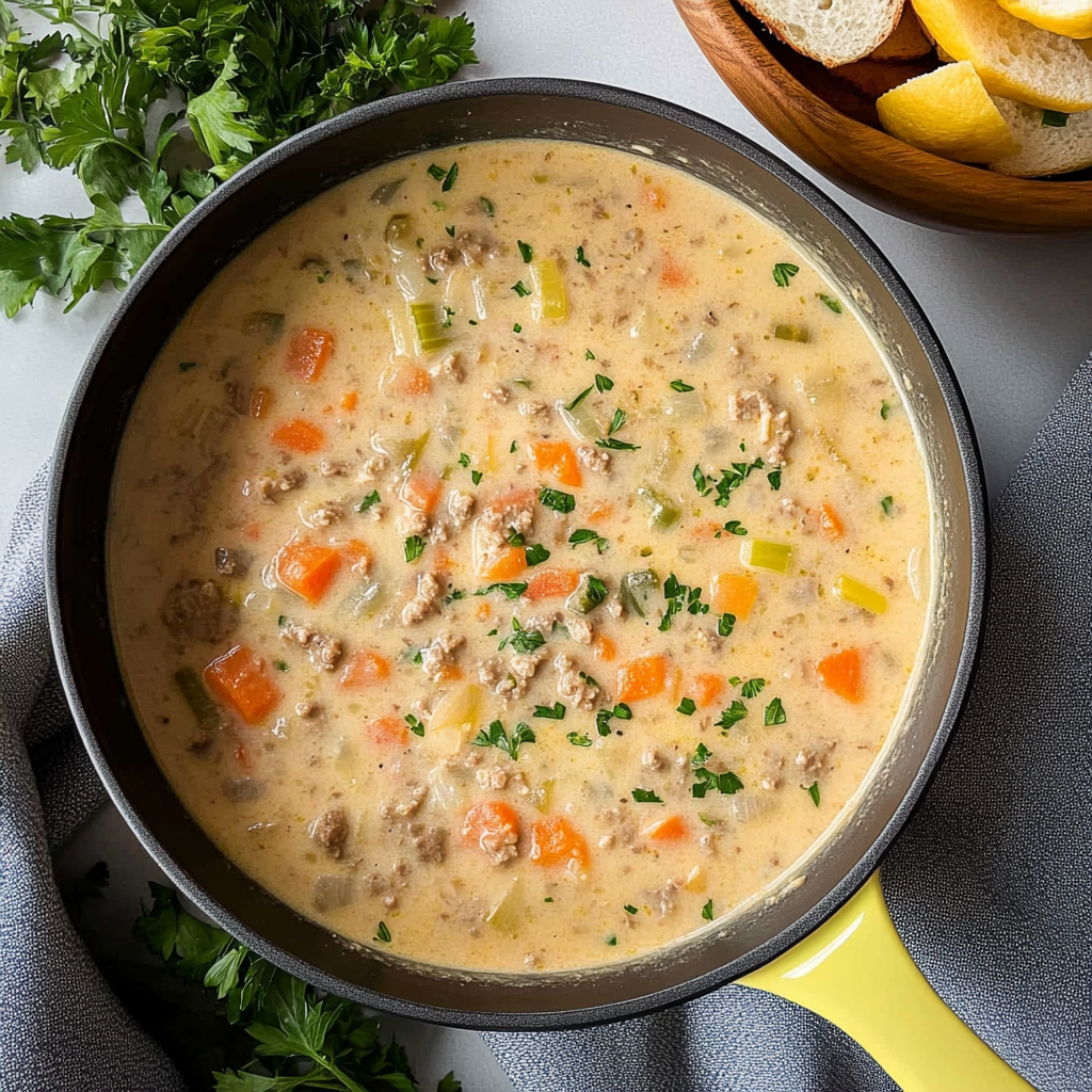 Recipe preparation for Creamy Hearty Cheeseburger Soup