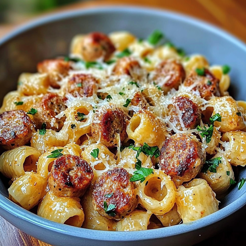 Recipe preparation for Garlic Butter Sausage Bites with Creamy Parmesan Pasta
