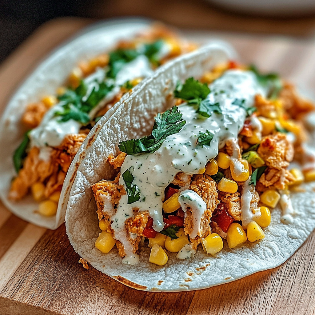Recipe preparation for Fried Chicken Street Corn Tacos with Jalapeño Lime Ranch