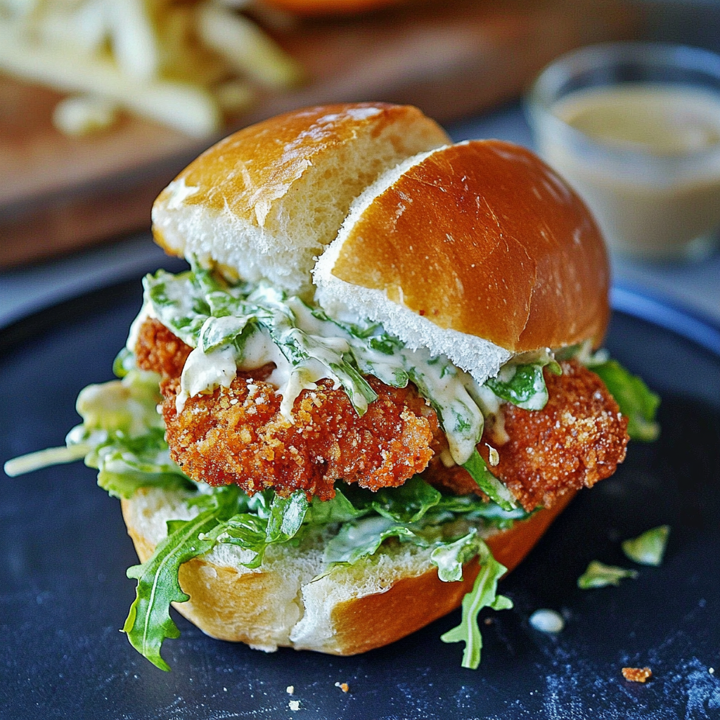 Recipe preparation for Crispy Chicken Caesar Sandwich