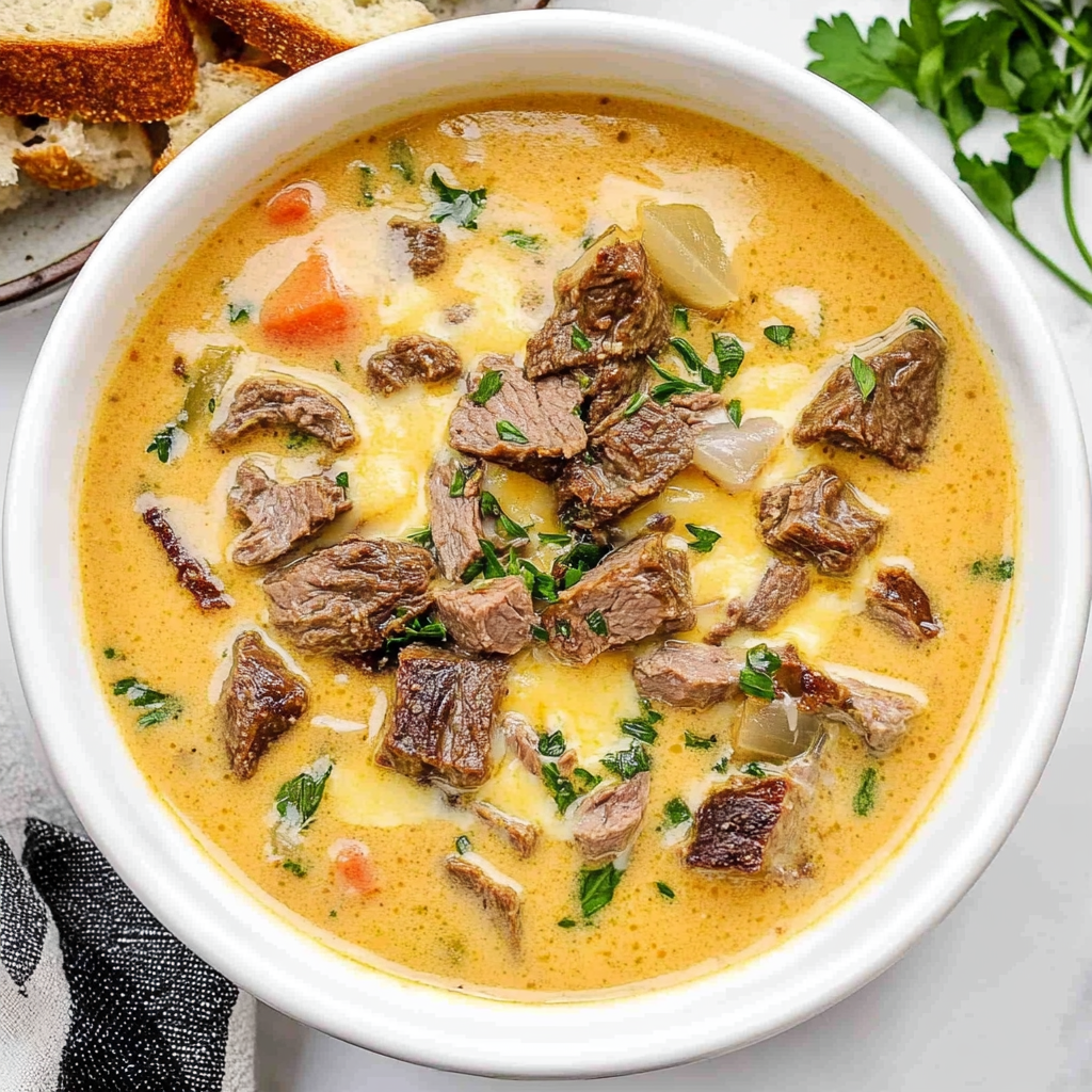 Recipe preparation for Philly Cheese Steak Soup