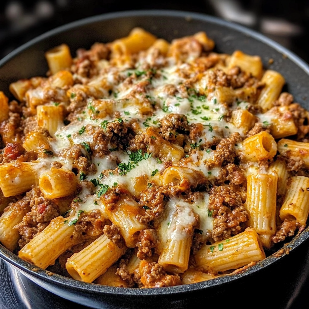 Recipe preparation for Creamy Parmesan Beef with Rigatoni Pasta