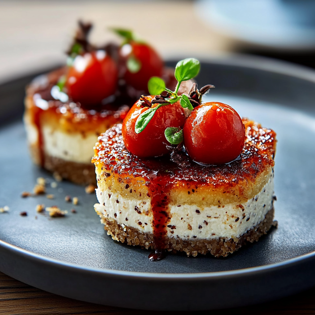 Recipe preparation for Not-So-Sweet Cheesecake with Balsamic Tomato Glaze