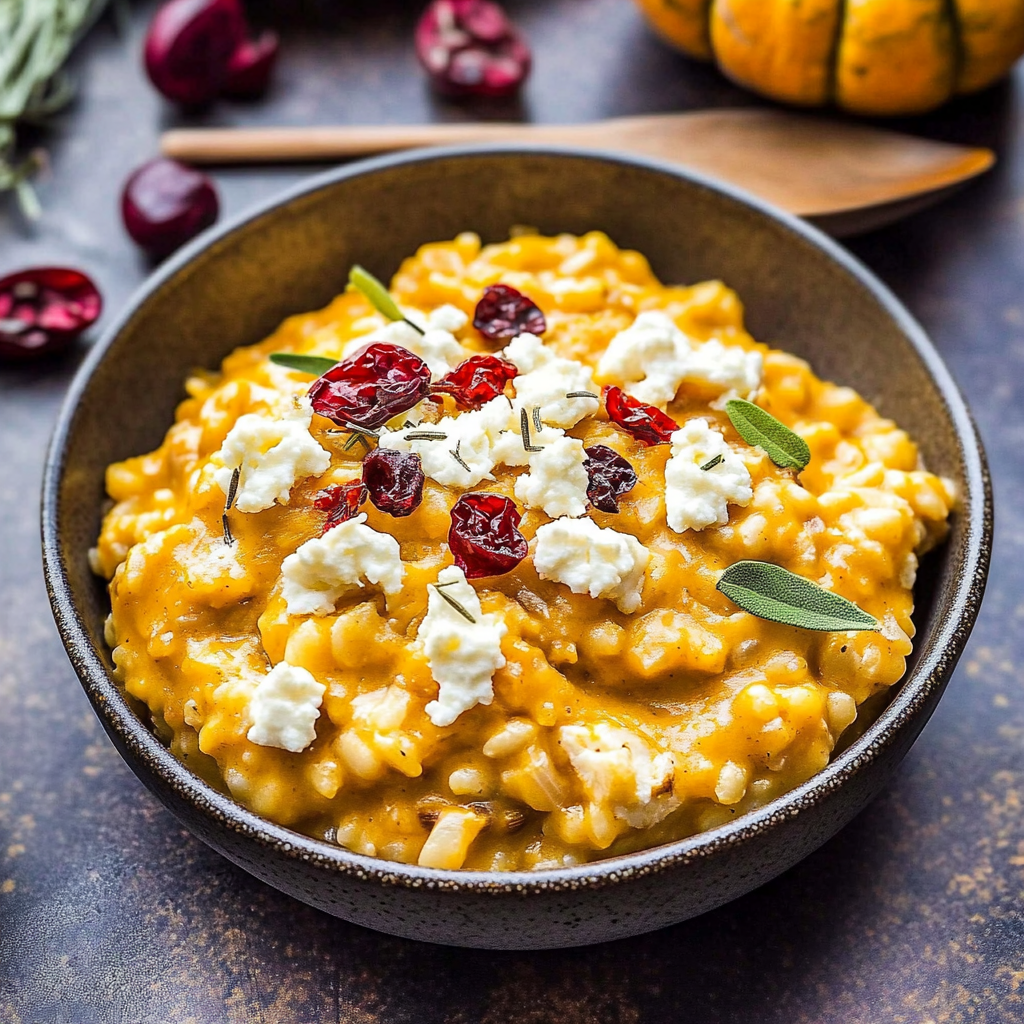 Recipe preparation for Baked Pumpkin Goat Cheese Risotto