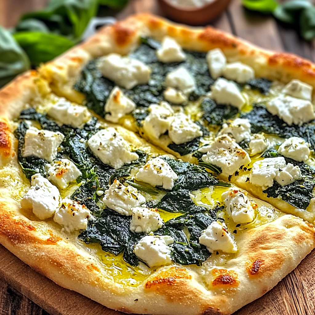 Recipe preparation for Greek Roasted Garlic Spinach White Pizza