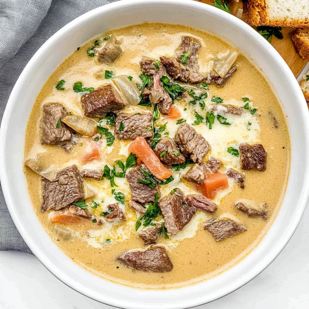 Recipe preparation for Creamy Philly Cheese Steak Soup