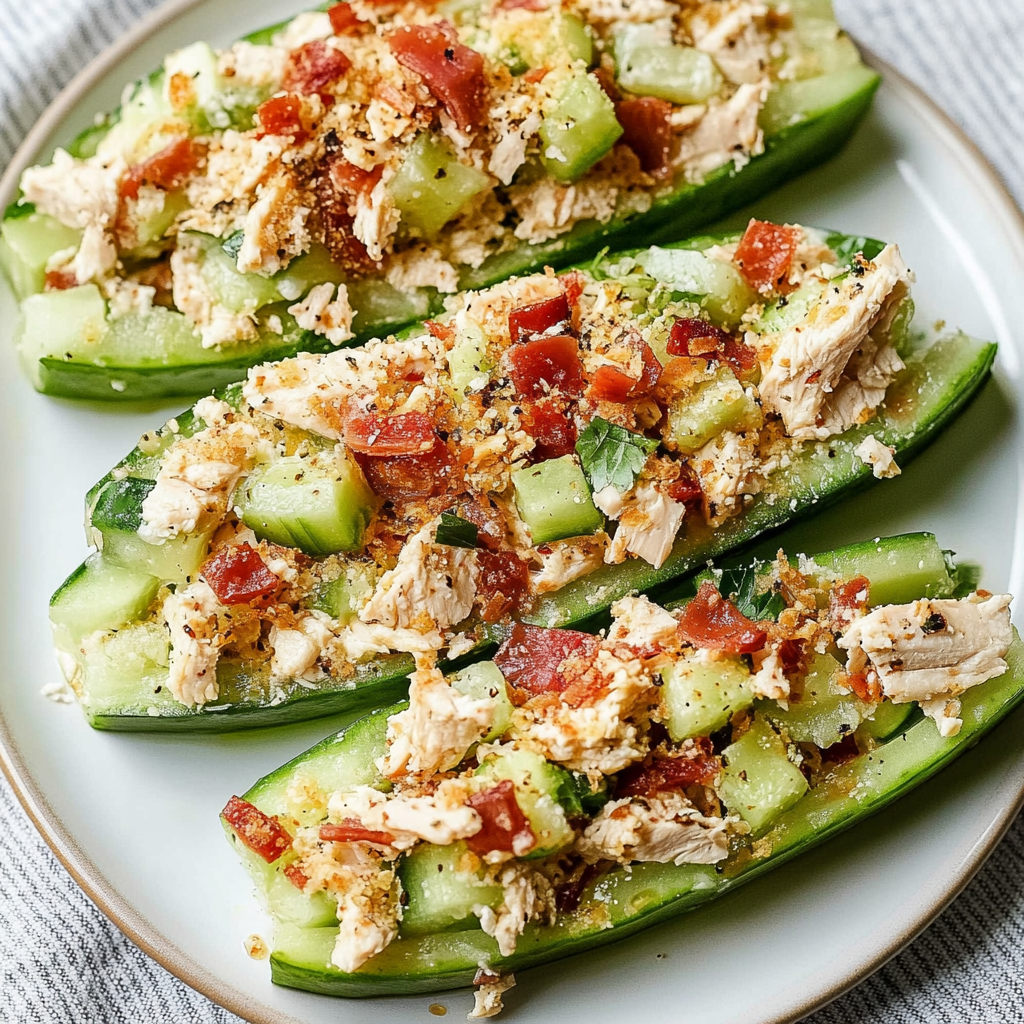 Recipe preparation for Bacon Ranch Chicken Salad Cucumber Boats