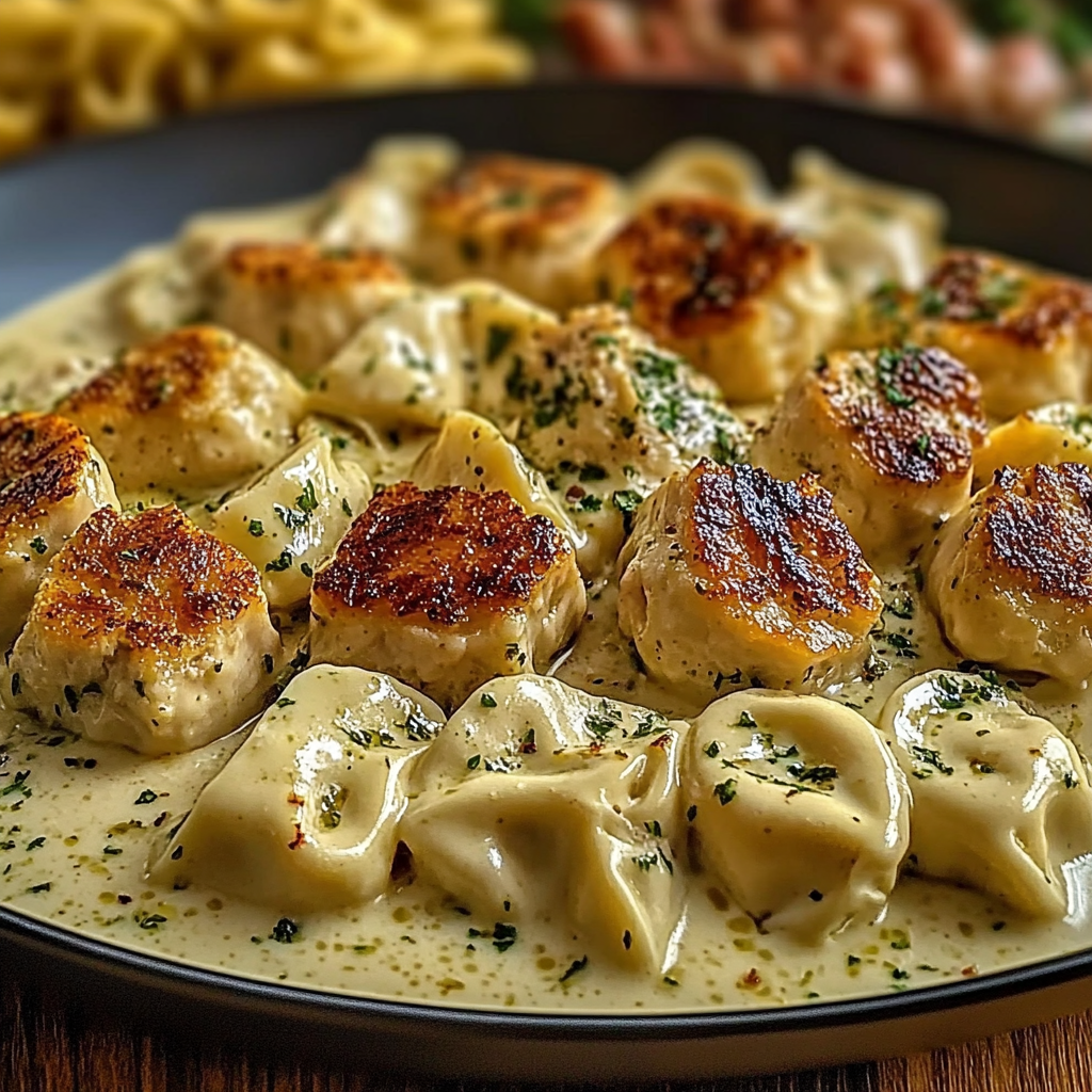 Recipe preparation for Garlic Butter Chicken Alfredo Tortellini