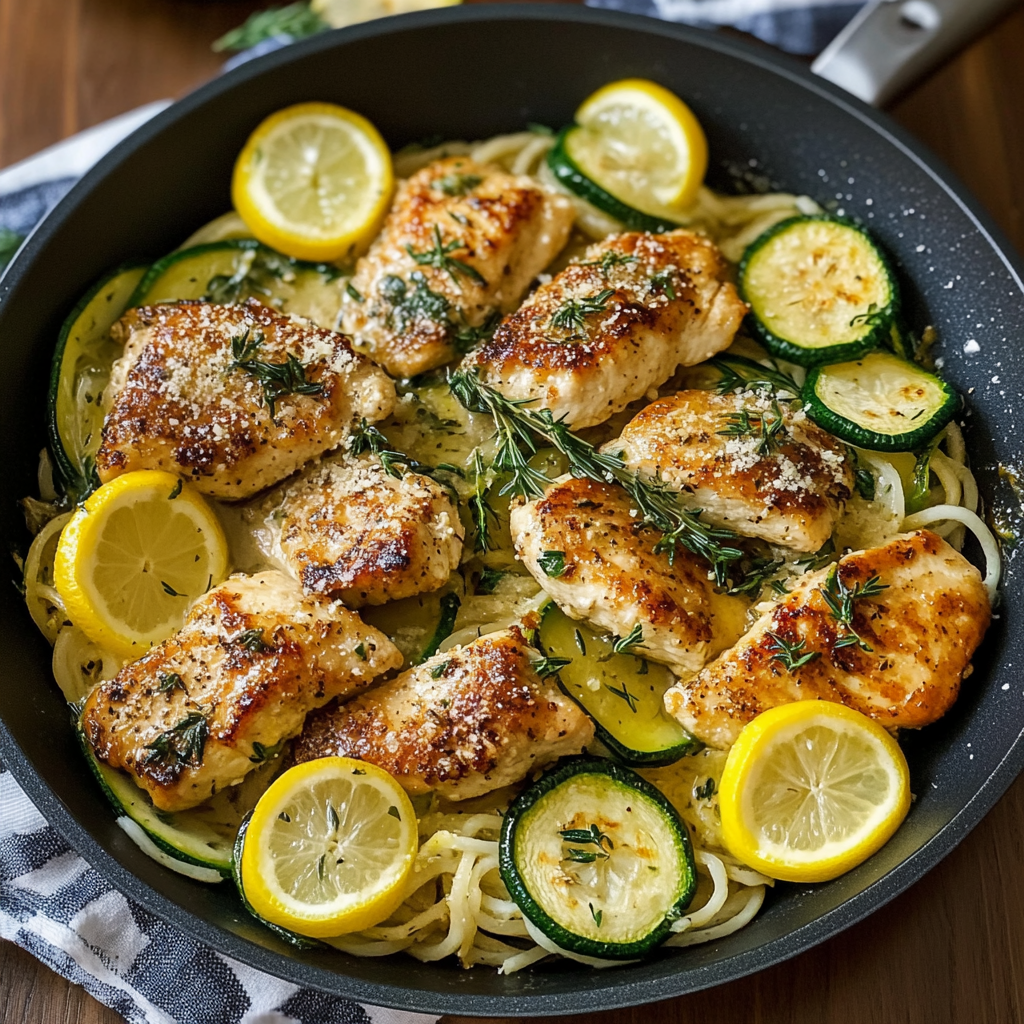 Recipe preparation for One-Skillet Lemon Parmesan Chicken Zucchini