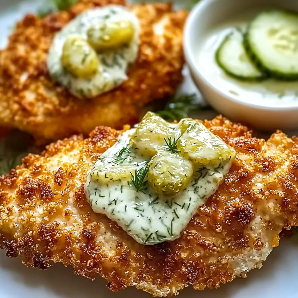 Recipe preparation for Crispy Dill Pickle Parmesan Chicken