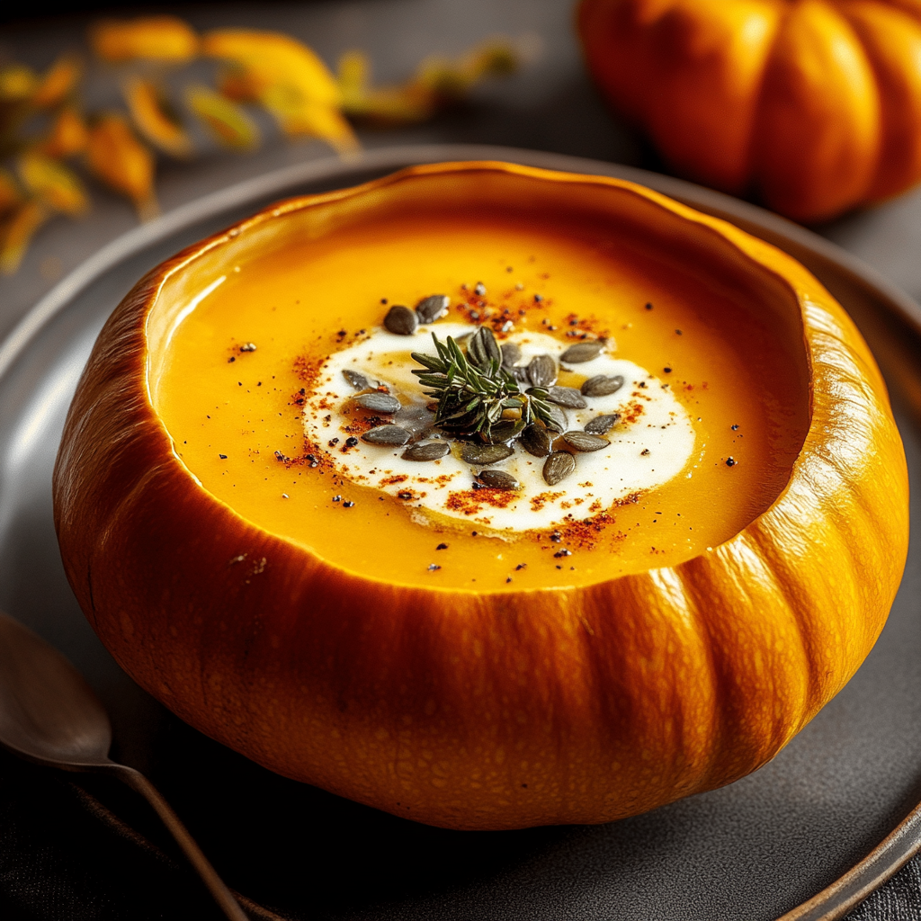 Recipe preparation for Halloween Pumpkin Soup in Mini Pumpkins