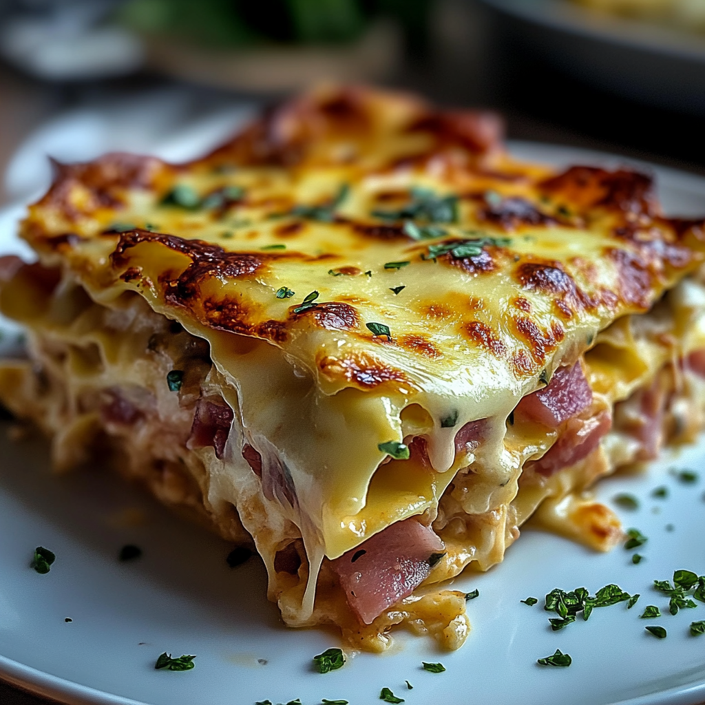 Recipe preparation for Cheesy Ham Lasagna Comfort