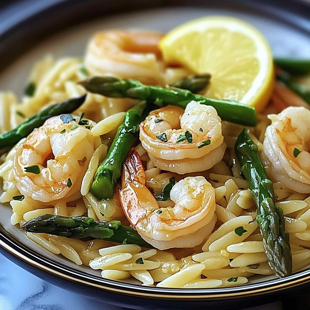 Recipe preparation for Lemon Garlic Shrimp and Asparagus Orzo