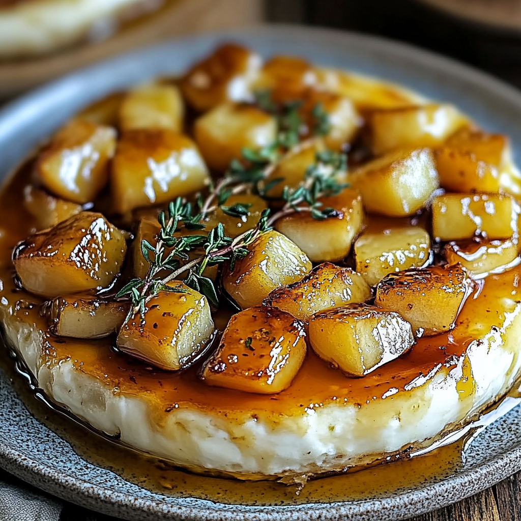 Recipe preparation for Golden Baked Brie with Caramelized Apples and Thyme Bliss