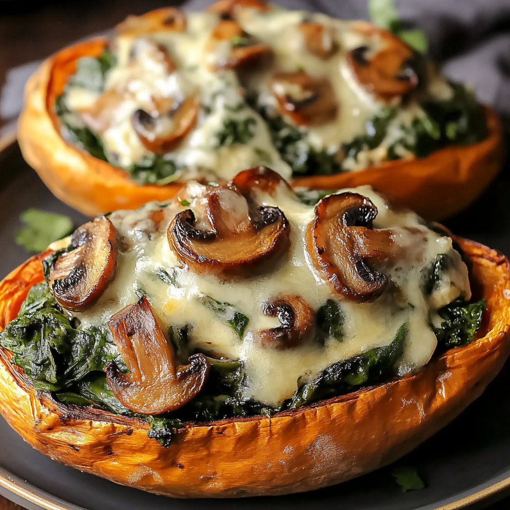 Recipe preparation for Creamy Mushroom and Spinach Stuffed Sweet Potatoes