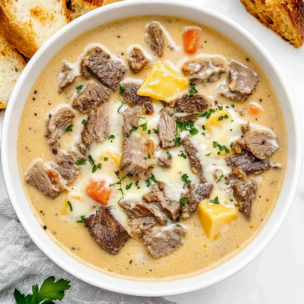 Recipe preparation for Creamy Philly Cheese Steak Soup