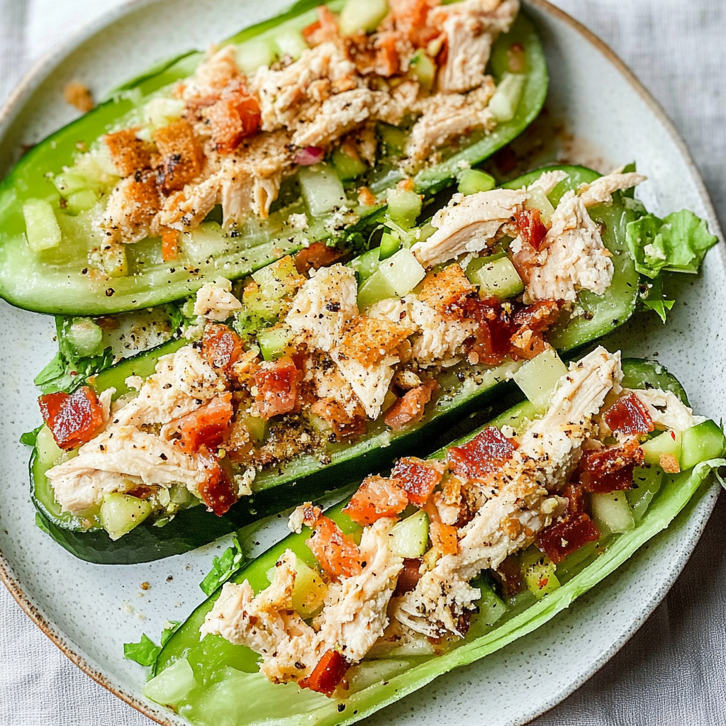 Recipe preparation for Bacon Ranch Chicken Salad Cucumber Boats
