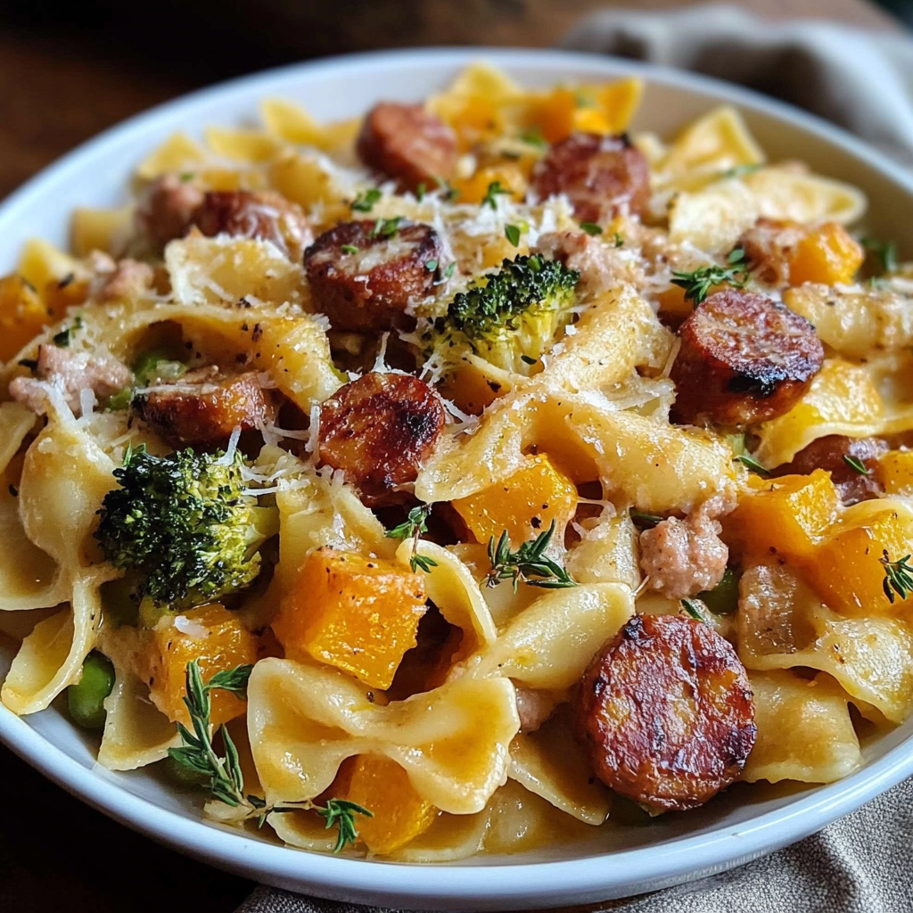 Recipe preparation for Autumn Sausage Pasta Squash