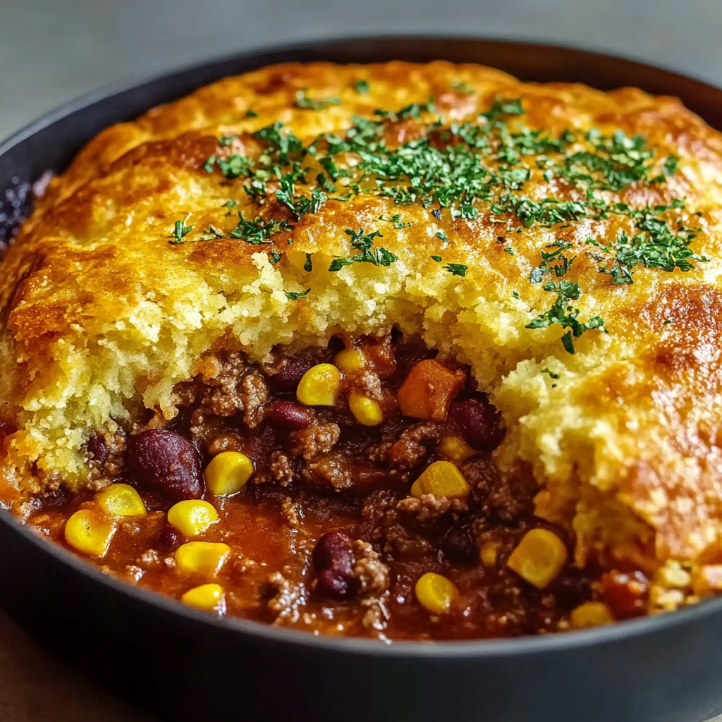 Recipe preparation for Skillet Chili Cornbread Pot Pie Recipe
