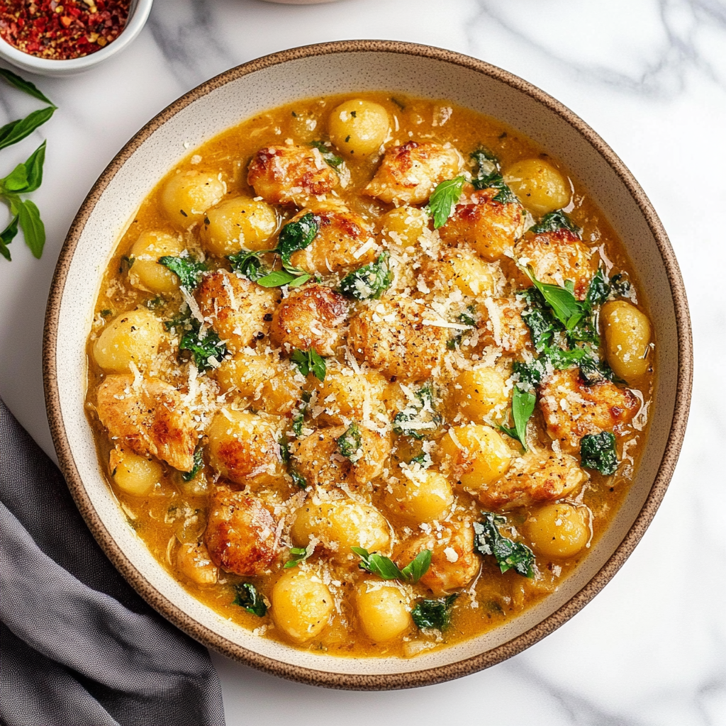 Recipe preparation for Garlic Chicken Gnocchi Skillet