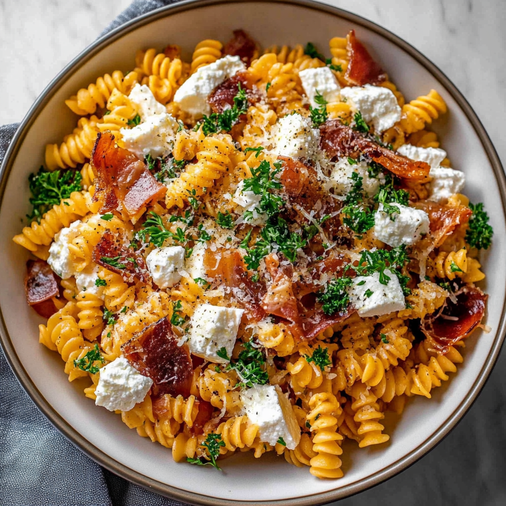 Recipe preparation for Pumpkin Pasta Salad With Goat Cheese & Crispy Prosciutto